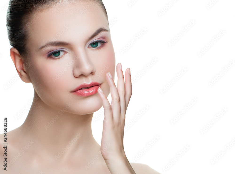Attractive woman isolated on white background. Facial treatment, cosmetology, beauty, skincare and spa concept Attractive woman isolated on white background. Facial treatment, cosmetology, beauty, skincare and spa concept
