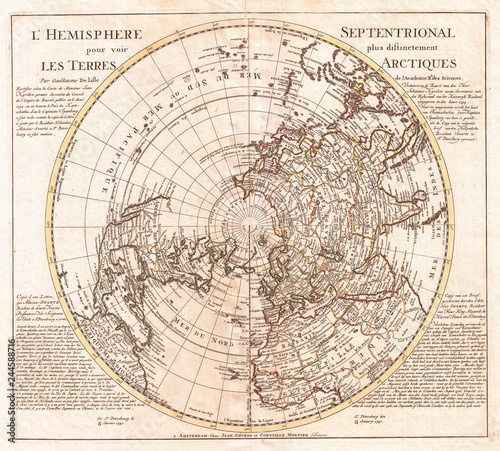1741, Covens and Mortier Map of the Northern Hemisphere, North Pole, Arctic