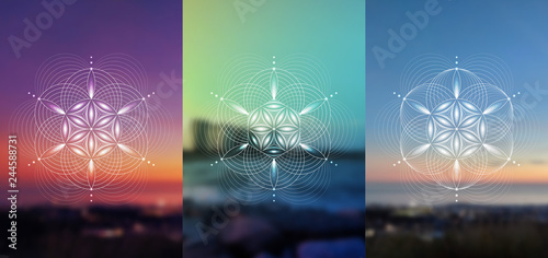 Set of vector templates of cards or poster; Spiritual sacred geometry; Abstract geometric shapes based on ancient symbol - "flower of life" on photographic background; Yoga, meditation and relax.