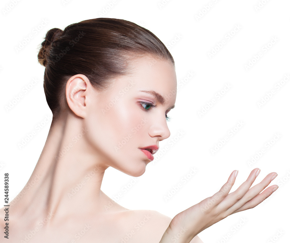 Perfect woman with empty copy space on the open hand isolated on white background Perfect woman with empty copy space on the open hand isolated on white background