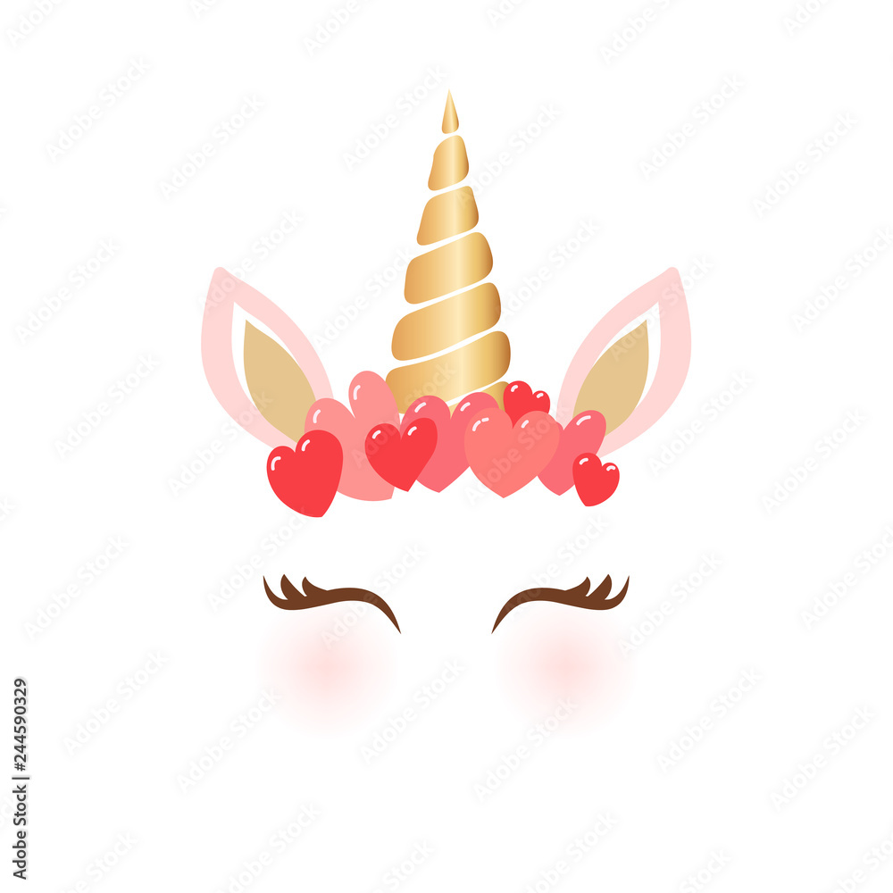 Fototapeta Cute unicorn character vector illustration - Cartoon unicorn head with heart crown for valentine's day greeting cards and shirt design