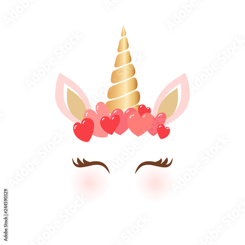 Cute unicorn character vector illustration - Cartoon unicorn head with heart crown for valentine's day greeting cards and shirt design