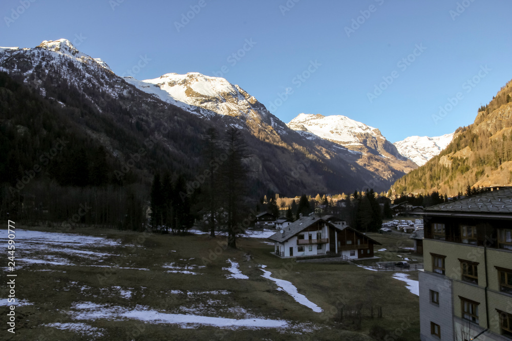 Panoramic view of the Gressoney valley near Monte Rosa in winter