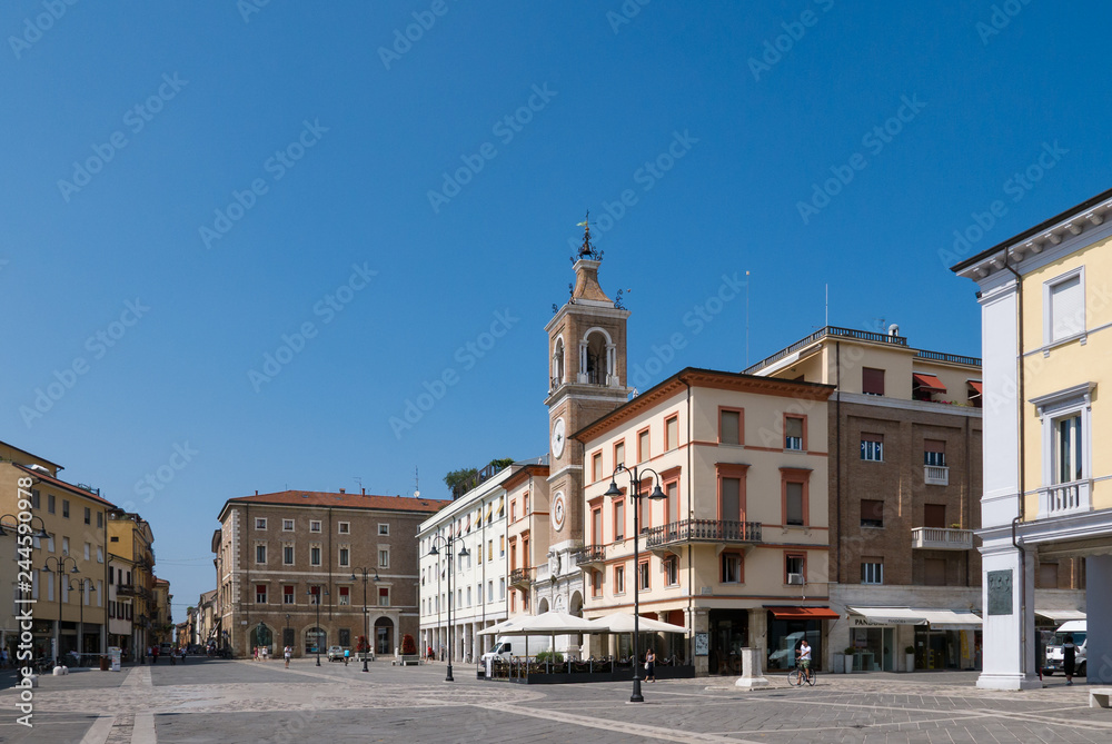 Square of the Three Martyrs in Rimini with the ancient clock tower