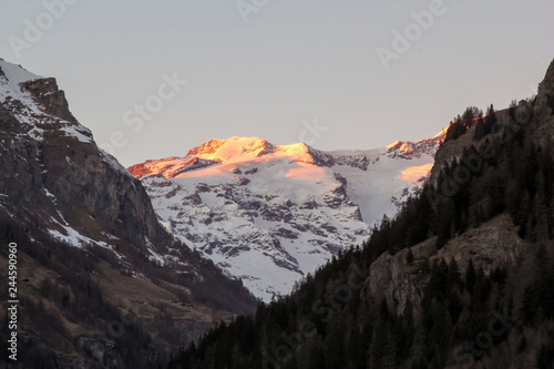 Panoramic view of the Gressoney valley at sunset in winter