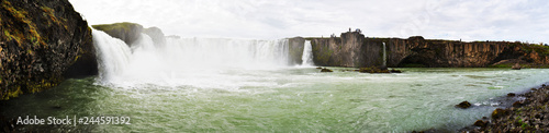 Panoramic view at Godafoss waterfall from the eastern border of downstream. Bardaldalur district in Northeastern Iceland.