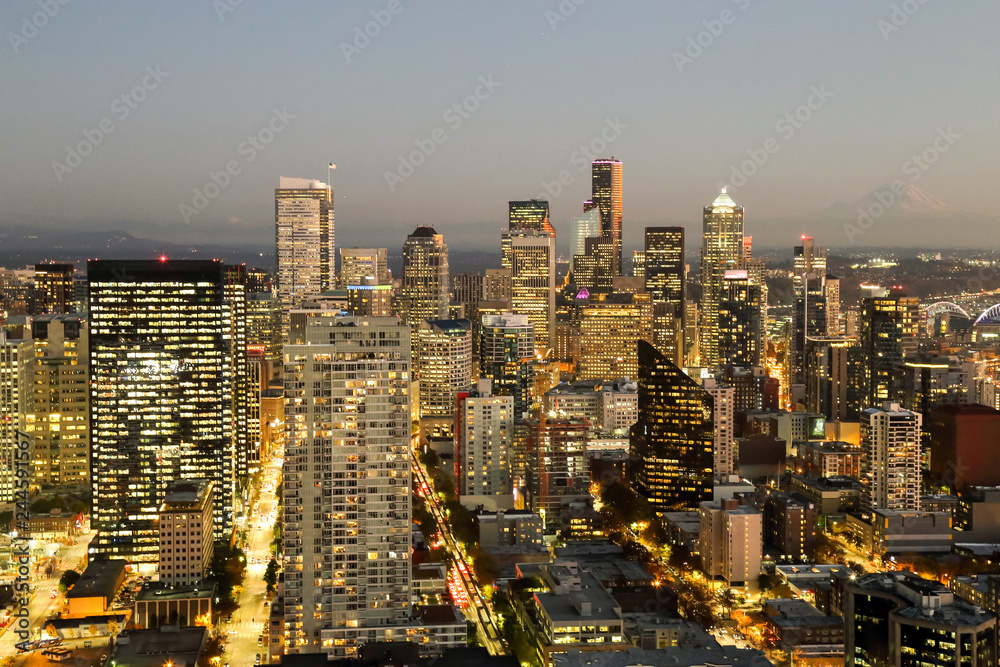 A View Over Elliott bay and Seattle Inter Urban Downtown City Skyline Buildings Waterfront from Space needle A View Over Elliott bay and Seattle Inter Urban Downtown City Skyline Buildings Waterfront from Space needle