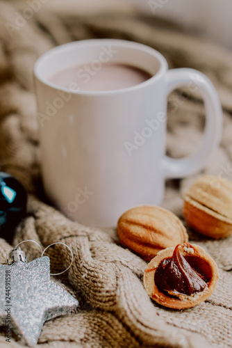 sweet nuts with condensed milk with a cup cocoa drink