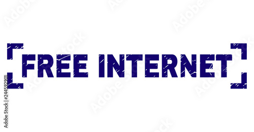 FREE INTERNET text seal imprint with corroded style. Text tag is placed inside corners. Blue vector rubber print of FREE INTERNET with corroded texture.