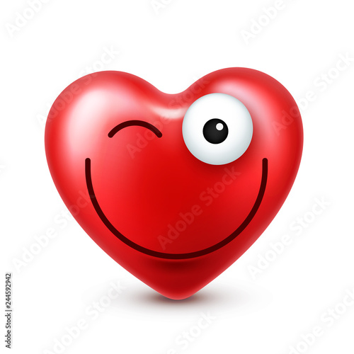 Heart smiley emoji vector for Valentines Day. Funny red face with expressions and emotions. Love symbol.
