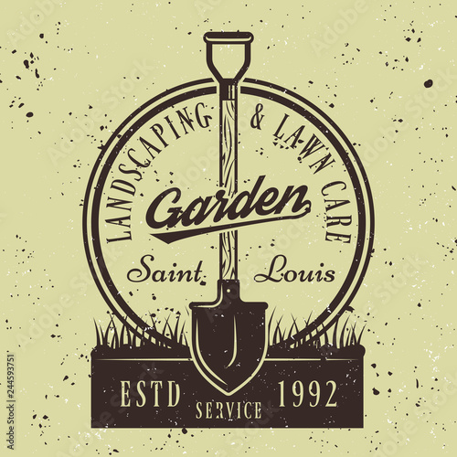 Gardening service vector round emblem with shovel