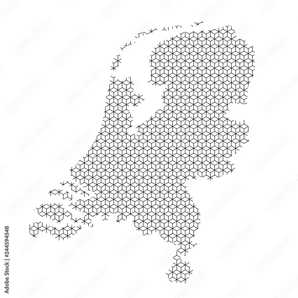 Fototapeta premium Netherlands map abstract schematic from black lines repeating pattern geometric background with rhombus and nodes from rhombuses. Vector illustration.
