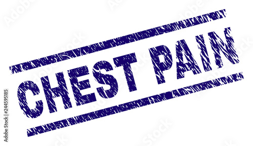 CHEST PAIN seal print with grunge style. Blue vector rubber print of CHEST PAIN text with grunge texture. Text label is placed between parallel lines.
