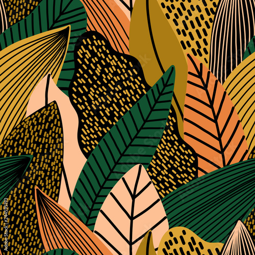 Colorful seamless pattern of tropical exotic leaves