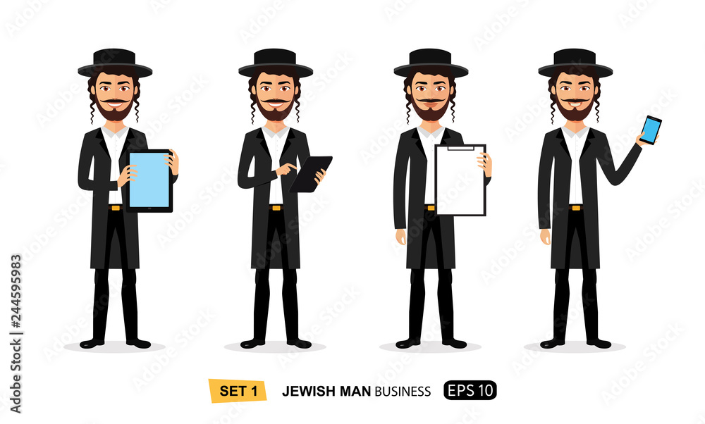 Jewish business cartoon man standing with tablet concept flat vector isolated on white