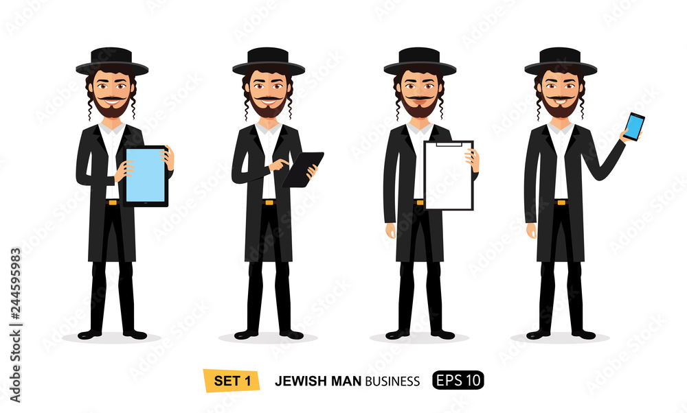 Jewish business cartoon man standing with tablet concept flat vector isolated on white Jewish business cartoon man standing with tablet concept flat vector isolated on white
