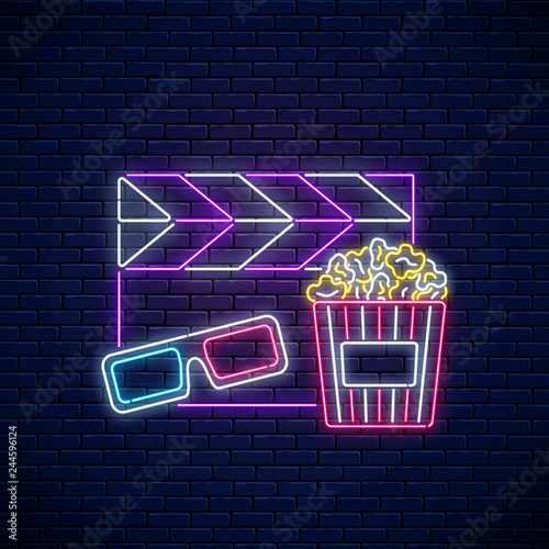 Neon sign of cinema night. Cinema time neon logo, signboard, banner with popcorn, 3D glasses and movie clapperboard