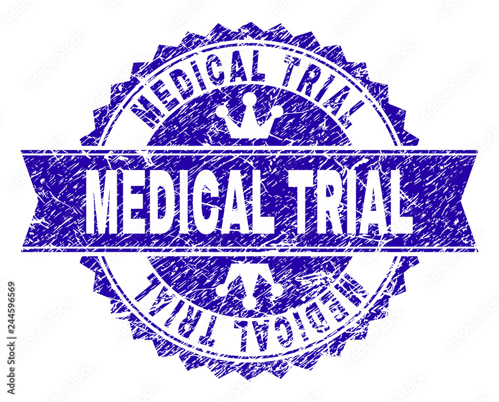 MEDICAL TRIAL rosette stamp imitation with distress style. Designed with round rosette, ribbon and small crowns. Blue vector rubber watermark of MEDICAL TRIAL label with corroded style. MEDICAL TRIAL rosette stamp imitation with distress style. Designed with round rosette, ribbon and small crowns. Blue vector rubber watermark of MEDICAL TRIAL label with corroded style.