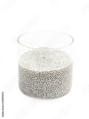 Foto Round glass bowl with vertical sides containing chia pudding seen from the side
