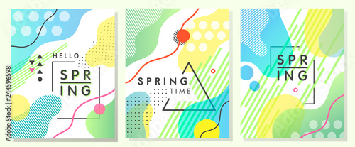 Unique artistic spring cards with bright gradient background,shapes and geometric elements in memphis style.Abstract design cards perfect for prints,flyers,banners,invitations,special offer and more.