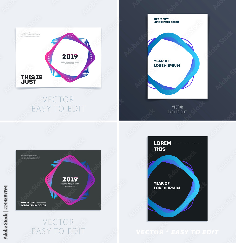 Design of brochure smooth soft template. Creative abstract set, annual report, horizontal cover, flyer in A4 with colourful lines waves for branding, exhibition. Business vector presentation.