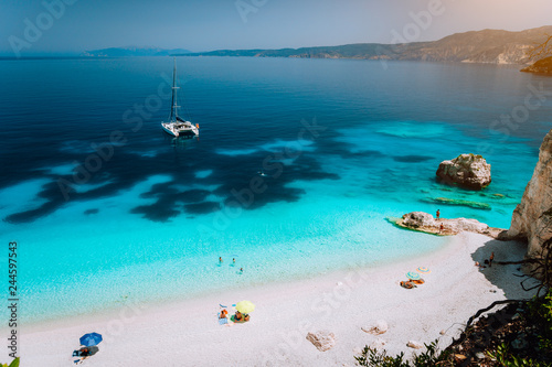 Amazing Fteri beach on Kefalonia island, Greece. Crystal clear blue sea of Ionian Sea