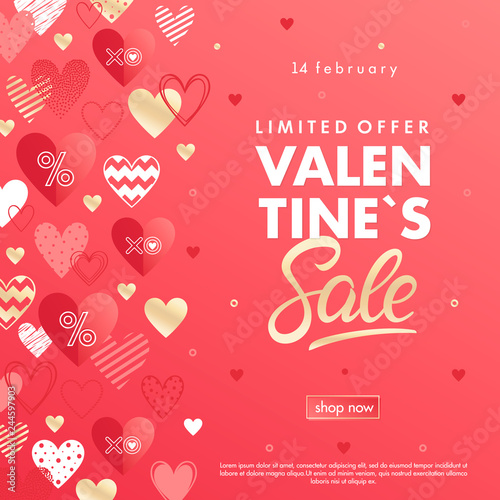 Valentines Day special offer banner with different hearts and golden foil elements.Sale flyer template perfect for prints  flyers  banners  promotions  special offers and more.Vector Valentines promo.