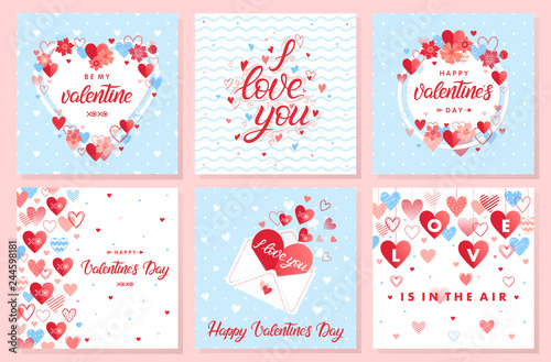 Collection of creative Valentines Day cards.Hand drawn lettering with hearts,arrows,flowers and love letter.Romantic illustrations perfect for prints,flyers,posters,holiday invitations and more.