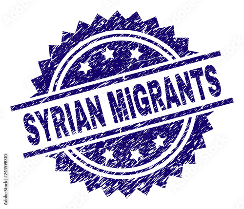 SYRIAN MIGRANTS stamp seal watermark with distress style. Blue vector rubber print of SYRIAN MIGRANTS caption with dust texture.