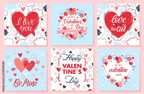 Collection of creative Valentines Day cards.Hand drawn lettering with hearts,arrows and flowers.Romantic illustrations perfect for prints,flyers,posters,holiday invitations and more.