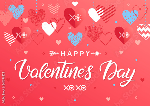 Happy Valentines Day - Hand painted lettering with different hearts.Romantic illustration perfect for greeting cards, prints, flyers,posters,holiday invitations and more.Vector Valentines Day card.