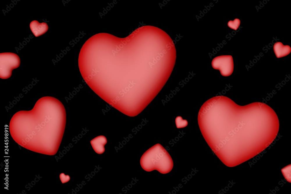 Red hearts on black background 3D render