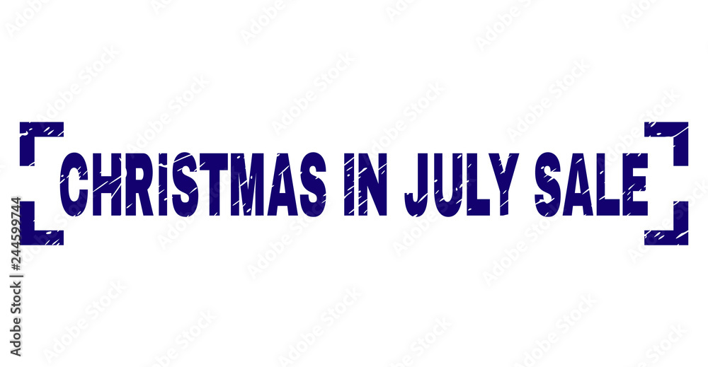 CHRISTMAS IN JULY SALE label seal watermark with grunge texture. Text label is placed inside corners. Blue vector rubber print of CHRISTMAS IN JULY SALE with dust texture.