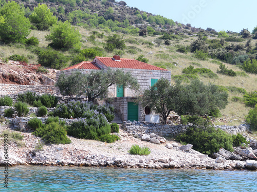 A small stone resort house on a rocky mountainside on the Adriatic coast. Croatian Riviera. Rest in solitude with nature. Hire private apartments. Vacation in an olive garden amid blooming lavender.