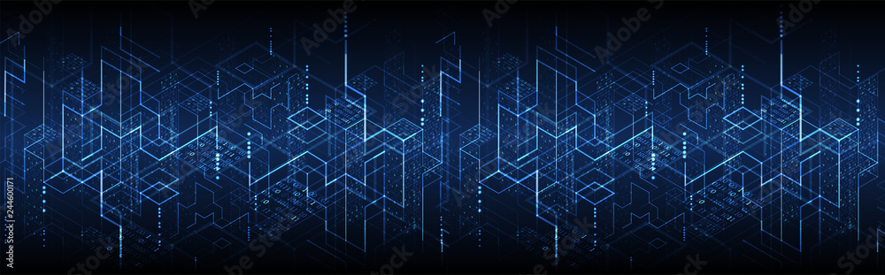 Isometric big data flow processing concept, cloud database. Abstract technology background. Vector illustration