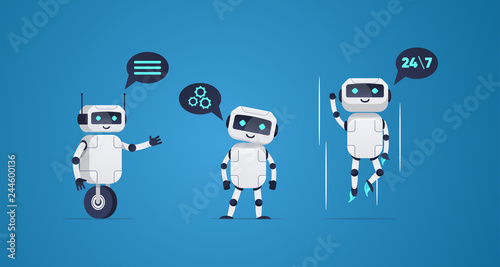 cartoon flat helper robots characters set. 
