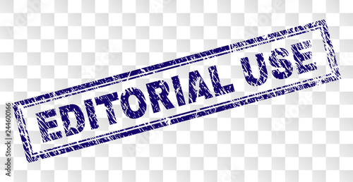 EDITORIAL USE stamp seal print with scratched style and double framed rectangle shape. Stamp is placed on a transparent background.