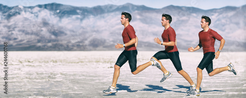 Run athlete multiple exposure of man runner sprinting. Cross country running in desert landscape panorama banner. Biomechanics gait analysis concept.