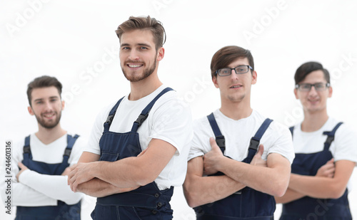 cheerful team of responsible movers and their smiling leader.