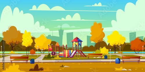 Vector background of cartoon playground in park at fall. Autumn landscape with yellow trees, plants and bushes. Recreation area with trackway for people. Amusement space with swings, benches and pond.