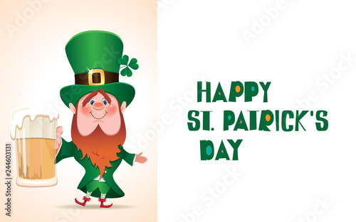 Happy Saint Patrick's Day.The Leprechaun is toasted with beer mug next to textual signboard.