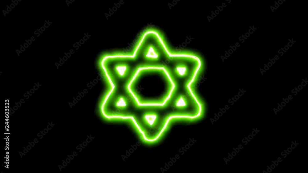 The appearance of the green neon symbol star of david. Flicker, In - Out. Alpha channel Premultiplied - Matted with color black