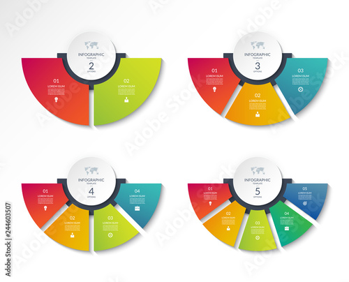 Set of business infographic semi circle templates with 2, 3, 4, 5 options. Can be used as a chart, workflow layout, diagram, data visualization, minimalistic web banner.