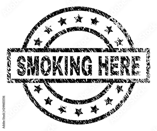 SMOKING HERE stamp seal watermark with distress style. Designed with rectangle, circles and stars. Black vector rubber print of SMOKING HERE tag with grunge texture.