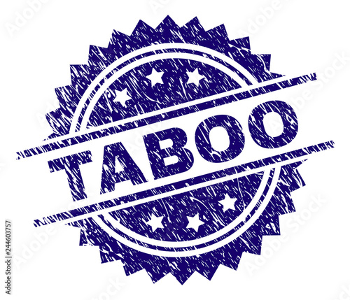 TABOO stamp seal watermark with distress style. Blue vector rubber print of TABOO title with dust texture.