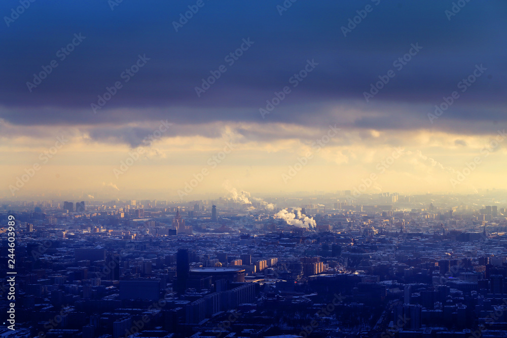 Beautiful winter photo of Moscow panorama with landmarks