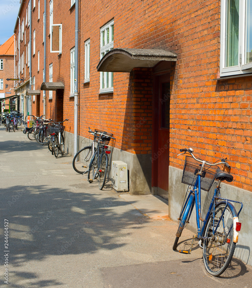 Bycicles old building apartment. Copenhagen