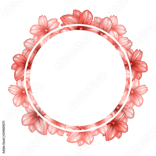 Romantic circle photo frame with pink cherry flowers. Round border with place for your image. Vector illustration