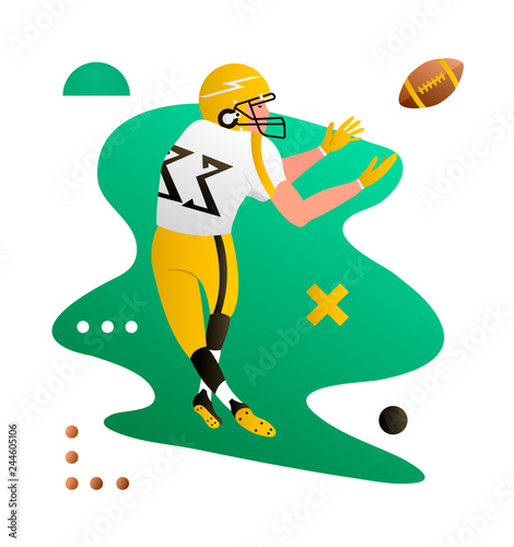 American foorball player catching the ball. Cartoon character. Creative vector illustration