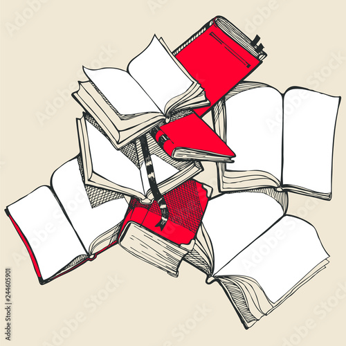 Hand drawn colored sketch of opened books. Vector illustration. Library, Books shop